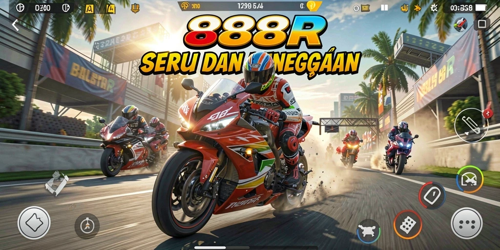 Screenshot gameplay 888R menampilkan balapan motor yang mendebarkan.