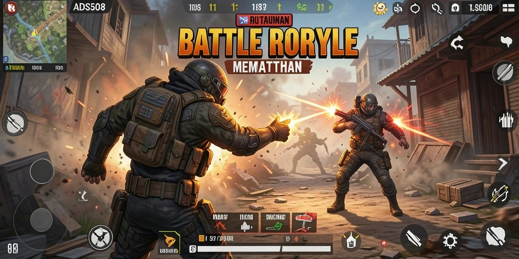 Tangkapan layar utama menunjukkan aksi intens dari pertempuran Battle Royale.