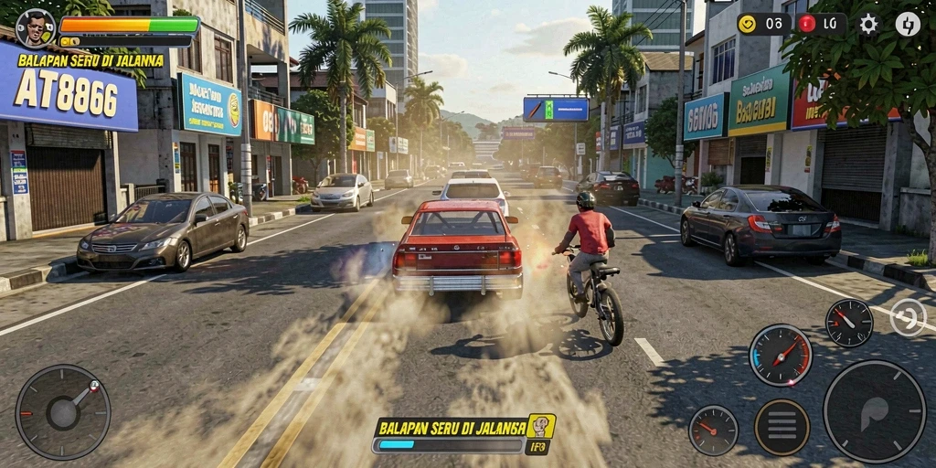 Screenshot gameplay AT866 menampilkan balapan mendebarkan di lintasan yang menantang.