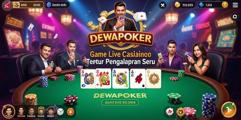 Screenshot gameplay utama DEWAPOKER dengan dealer profesional dan interaksi pemain.