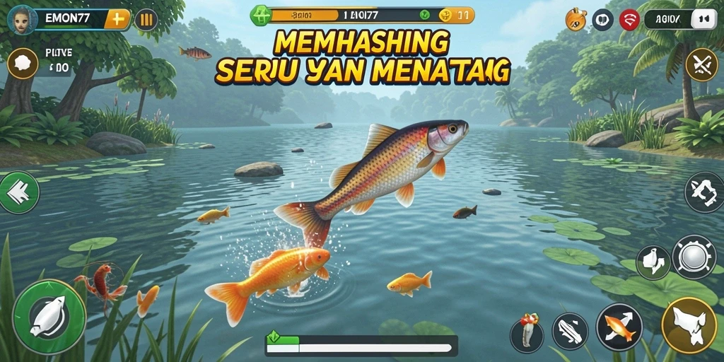 Screenshot gameplay EMON77 menampilkan aksi memancing yang mendebarkan.