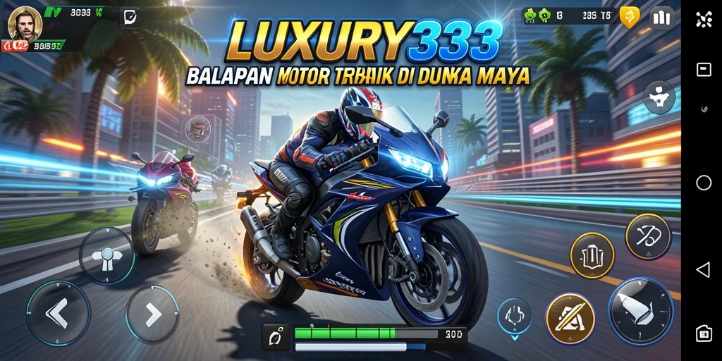 Tampilan gameplay seru di LUXURY333 saat balapan motor.