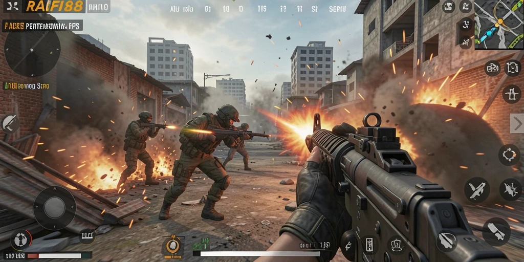 Tangkapan layar gameplay RAFI88 menampilkan aksi pertempuran FPS yang mendebarkan.