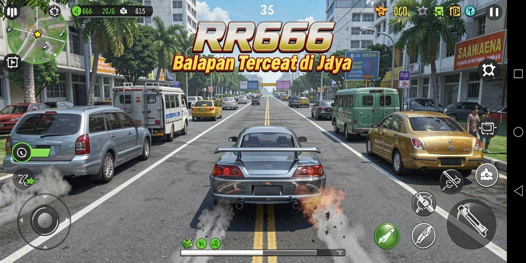 Screenshot gameplay RR666 menampilkan aksi balapan yang mendebarkan dan grafis yang menakjubkan.