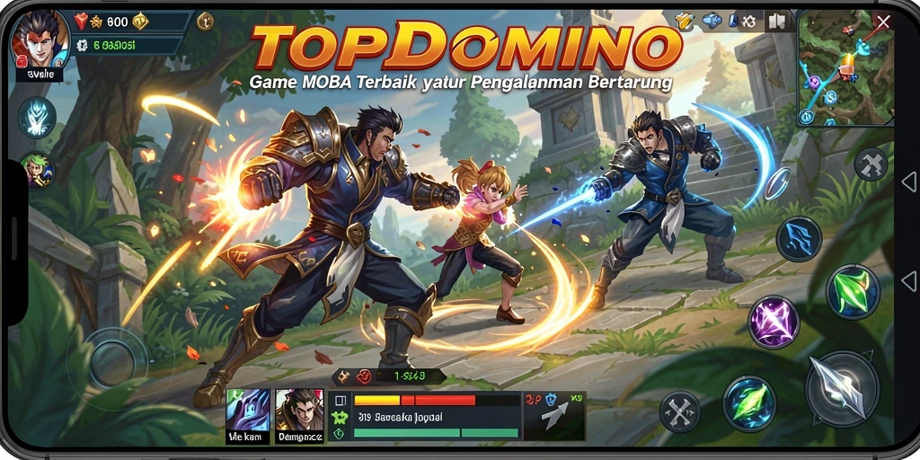 Tangkapan layar utama TOPDOMINO menampilkan pertempuran epik antar tim.