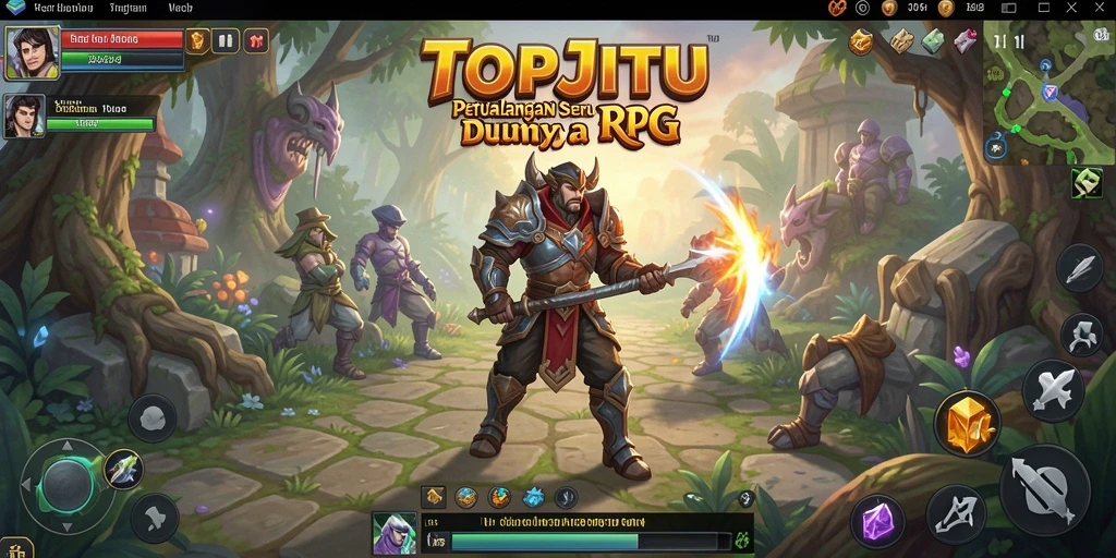 Tangkapan layar utama TOPJITU menampilkan aksi pertempuran seru di dunia RPG.
