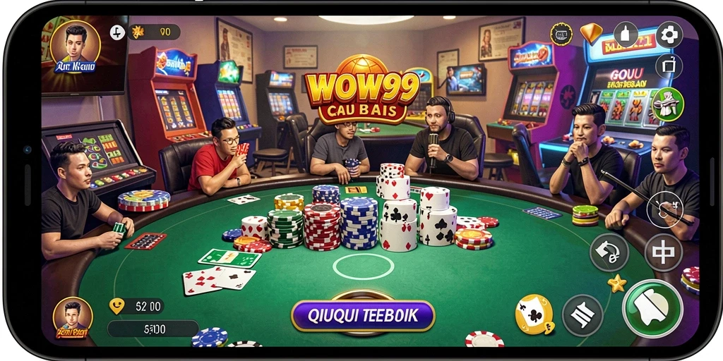 Tampilan gameplay seru di <strong>WOW99</strong> dengan kartu QiuQiu dan interaksi antar pemain.