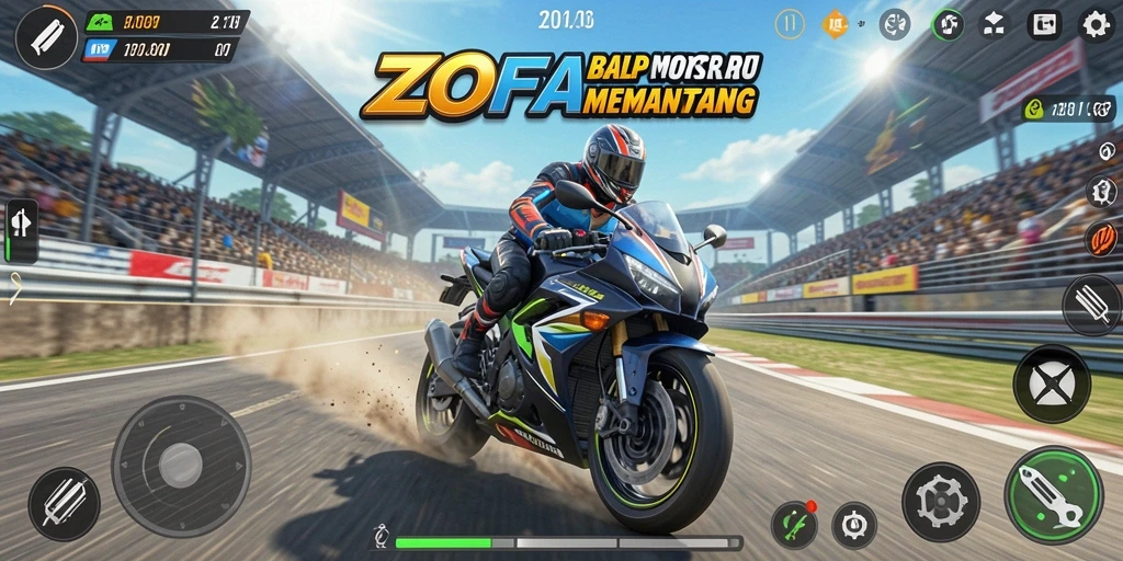 Screenshot gameplay ZOFAZA yang menampilkan aksi balap motor.