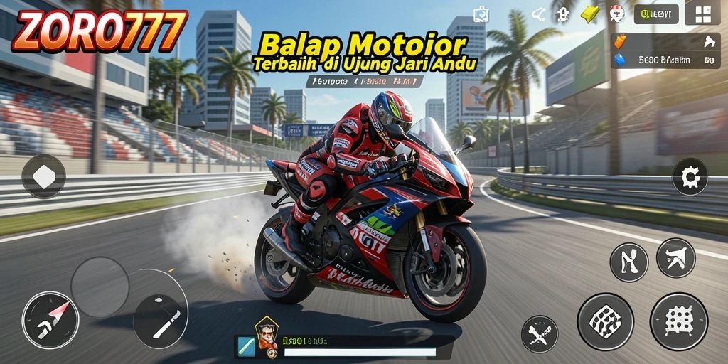 Tampilan aksi balapan motor yang mendebarkan dalam ZORO77.
